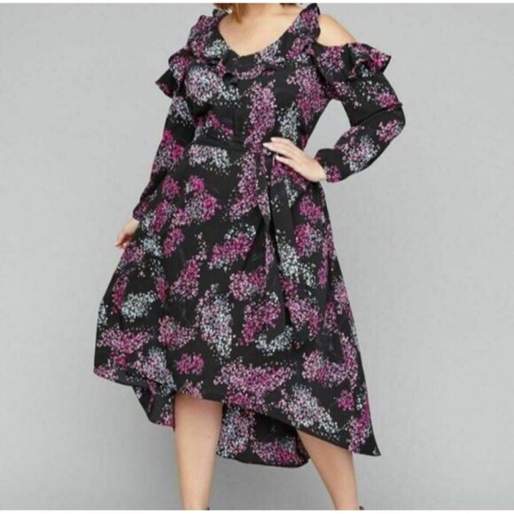 Lane Bryant Dresses & Skirts - Lane Bryant Black Bouquet Cold Shoulder Midi Dress  SZ 28 High Low Hem Romantic